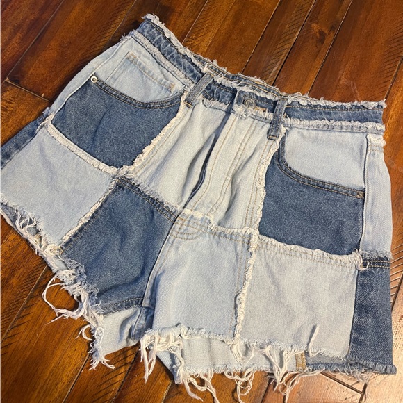 wild fable Pants - Patchwork Denim Shorts High Waisted Two Tone Raw Hem Festival